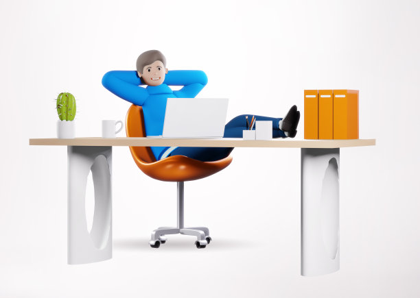 3 d渲染插图。成功快乐的商人在他的办公桌前工作。办公室工作环境。忙碌的商人用电脑工作，思考，做梦图片下载
