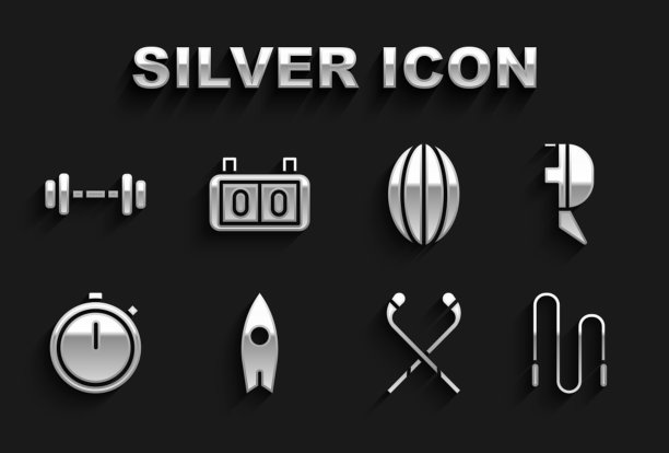 设置冲浪板，击剑头盔面具，跳绳，冰球棍，秒表，橄榄球，哑铃和体育机械记分牌图标。向量图片下载