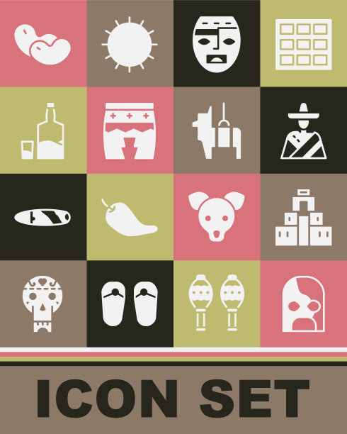 集墨西哥摔跤手，奇琴伊扎在玛雅，男子帽，阿兹特克面具，Huehuetl，龙舌兰瓶和玻璃，豆和皮纳塔图标。向量图片下载