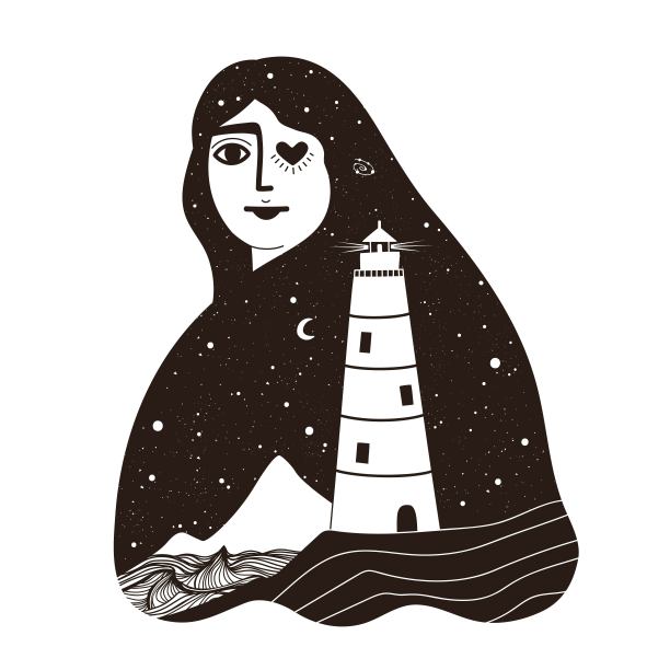 矢量插图与长头发的女人，灯塔，山脉和海浪。图片下载