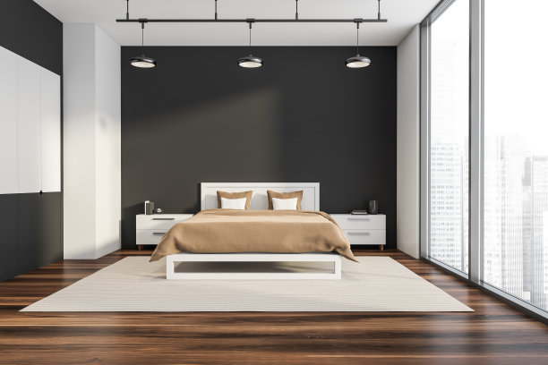 黑暗的卧室内部空的黑墙，全景窗图片下载