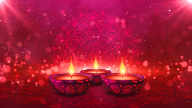 印度宗教节日排灯节活动快乐。油灯动画与散景抽象背景。三维渲染图片下载
