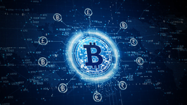 比特币区块链加密货币数字加密，数字货币交换，技术全球网络连接抽象背景概念。三维渲染图片下载