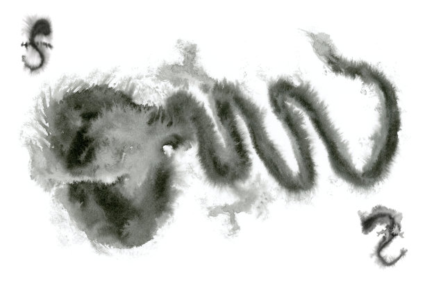 白底亚洲龙画剪影，日本黑墨插图，sumi水彩，抽象艺术图片下载