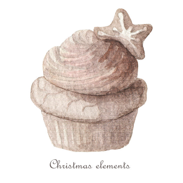 可爱的装饰着饼干星的圣诞纸杯蛋糕。水彩插图孤立在白色的背景图片下载