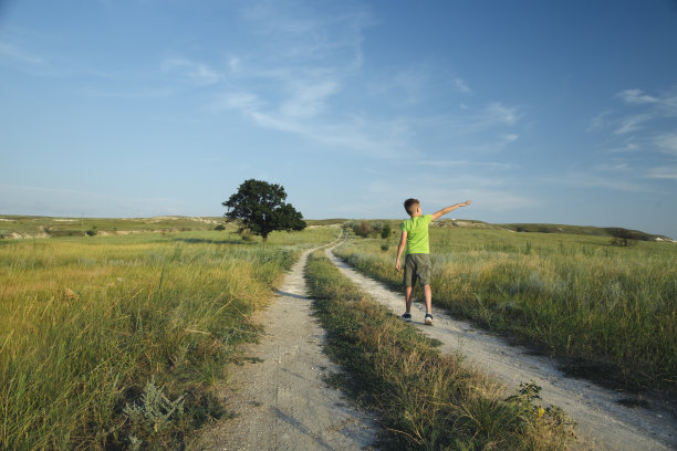男孩在田野和山丘间穿行，站在大路上，用手指着远方的天空图片下载
