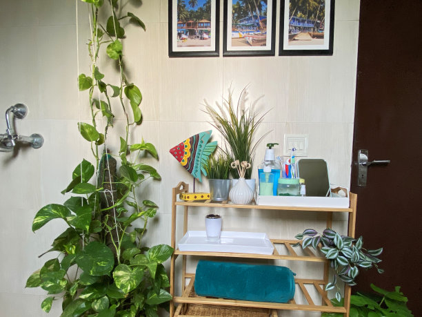 雨林雨林主题的浴室湿室图像，有瓷砖地板，木制货架单元，热带植物盆栽，毛巾和洗漱用品图片下载