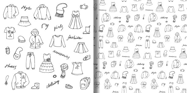 幼稚的女孩衣服和字母涂鸦集和无缝模式图片下载