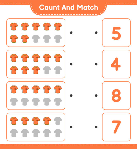 数并搭配，数t恤的数量并搭配正确的数字。教育儿童游戏，可打印的工作表，矢量插图图片下载