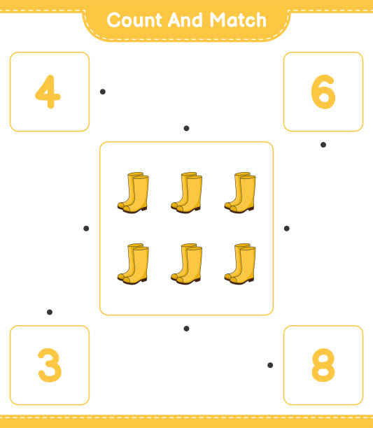 数并匹配，数胶靴的数量并匹配正确的数字。教育儿童游戏，可打印的工作表，矢量插图图片下载