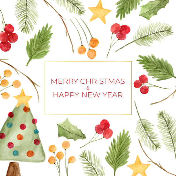 水彩圣诞树和装饰品作为框架背景。图片下载
