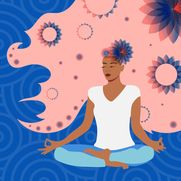 粉色长发的现代女孩从事心理健康，坐着莲花坐着冥想。心里会做梦，感到轻松。图片下载