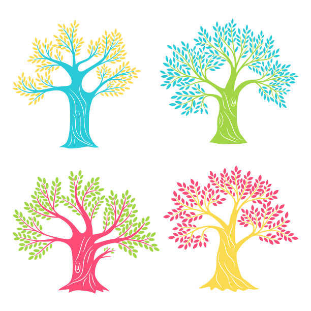 彩色的橡树。山毛榉或橄榄古色古香树集素描孤立的标志，复古橡树剪影彩色艺术品创意矢量插图图片下载