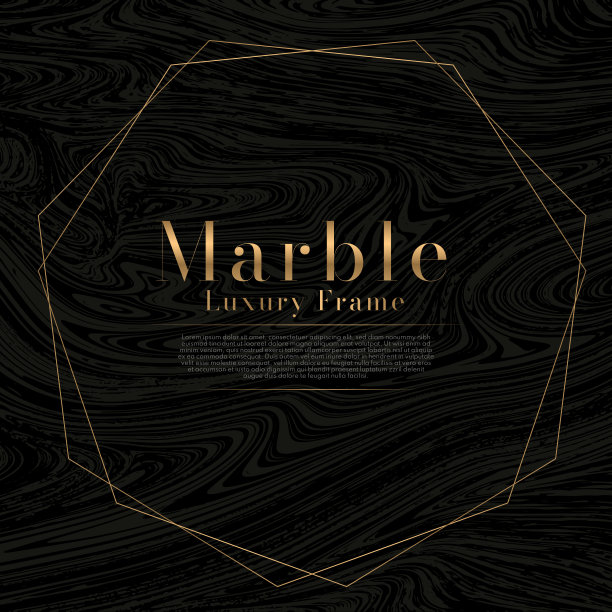 金色线条框架与大理石纹理黑色背景。抽象几何六边形图案。矢量设计旗帜，卡片，模板图片下载