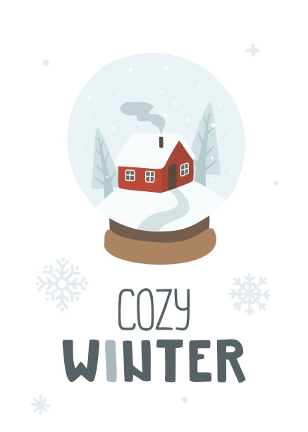 雪花玻璃球，有舒适的红房子和冷杉。印刷墙壁艺术，服装，卡片，纺织，织物，苗圃，文具。图片下载