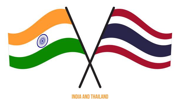 印度和泰国的旗帜交叉和平坦的飘扬风格。官方的比例。正确的颜色。图片下载