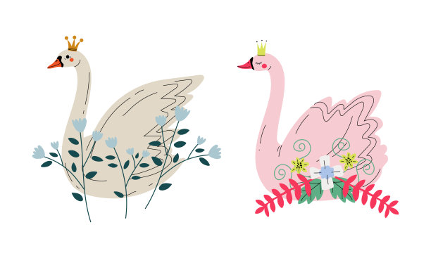 美丽的天鹅公主与黄金皇冠和花装饰向量集图片下载