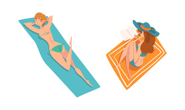 女人角色日光浴躺在沙滩或海边的毯子享受炎热的夏天向量集图片下载
