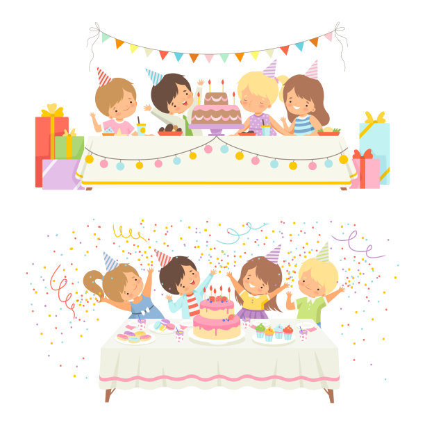 可爱的男孩和女孩在生日帽坐在节日餐桌与蛋糕和糖果向量集图片下载