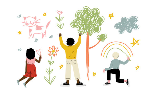 有趣的孩子在墙上画与蜡笔向量集图片下载