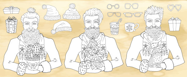 设计集积极微笑的圣诞老人，包装的礼物盒，针叶树，有趣的猫。图片下载