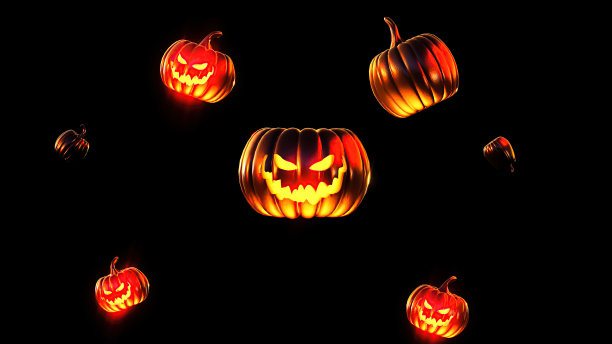 万圣节南瓜会在派对之夜露出微笑和可怕的眼睛。近距离观察可怕的万圣节南瓜，眼睛在黑色背景下发光。三维渲染图片下载