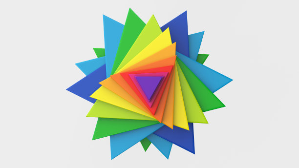 一组彩虹三角形。抽象插图，3d渲染。图片下载