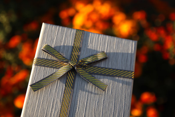 包裹的复古礼盒丝带蝴蝶结自然橙色的背景。礼物盒子。节日的概念。节日的背景。花的背景图片下载