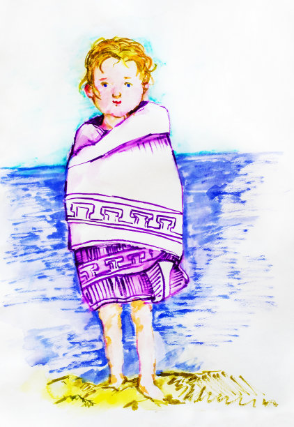 水彩画插图，一个快乐的小女孩站在海边附近的海滩游泳后，假期图片下载