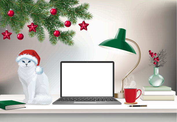 向量圣诞办公室室内模拟现实笔记本电脑，光花环，白色的猫，绿色的松枝，办公用品和咖啡杯附近的电脑。圣诞节的概念图片下载