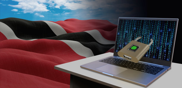 挥舞着特立尼达和多巴哥国旗。信息技术和数据安全的概念，防止网络攻击的安全。互联网和网络安全。图片下载