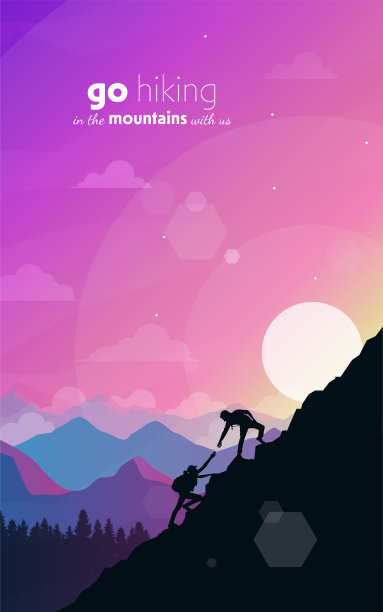 爬到山顶。援助之手。发现、探索、观察自然的旅游理念。徒步旅游。冒险。极简主义的图形传单。多边形平面设计。向量图片下载