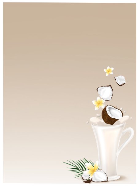 椰奶、咖啡、鸡蛋花和棕榈叶酸奶。图片下载