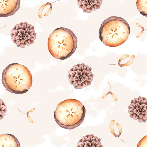 秋天水果和松果植物水彩无缝图案图片下载