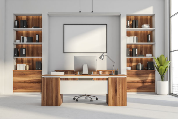 办公室内部有空的白色海报，全景窗图片下载