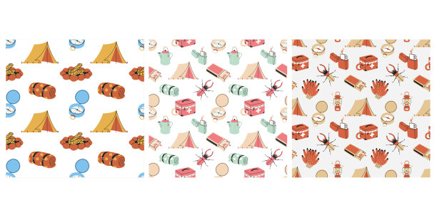 野营在树林无缝模式矢量插图。生存工具包纹理设计。图片下载