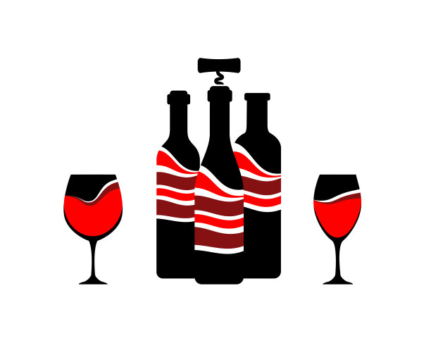 酒瓶和玻璃红酒图形风格。酒楼插图设计。图片下载