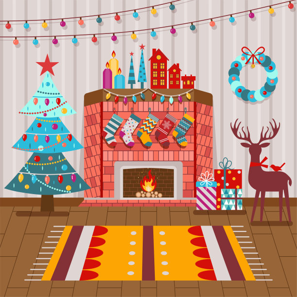 舒适的圣诞客厅与砖壁炉图片下载