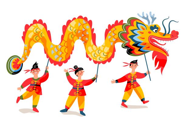 人们抱着中国新年的龙。传统亚洲节日矢量插图。男孩和女孩走在白色背景的龙纸动物庆祝节日图片下载