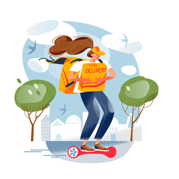 快速快递服务，电动生态运输，女快递骑悬浮滑板图片下载