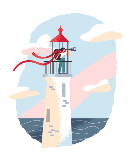 女人拿着望远镜站在多风的海面上的灯塔顶端图片下载