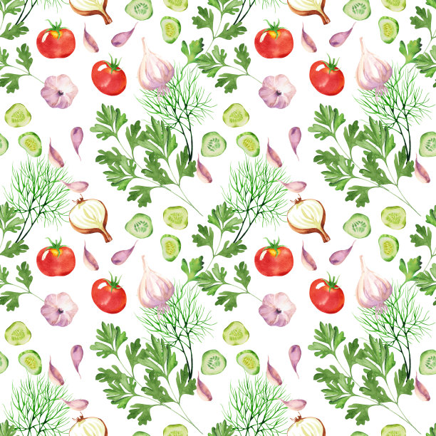 蔬菜无缝模式与西红柿，黄瓜，莳萝和欧芹水彩。图片下载
