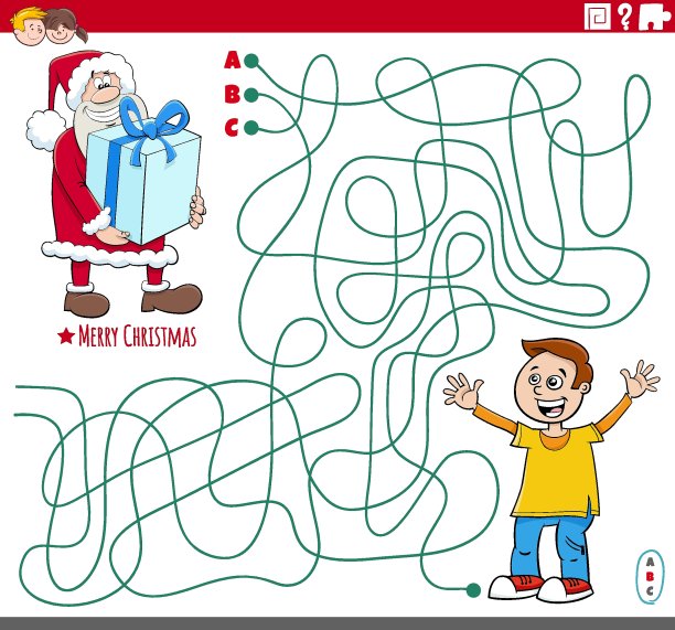 迷宫游戏与卡通圣诞老人与礼物和男孩图片下载