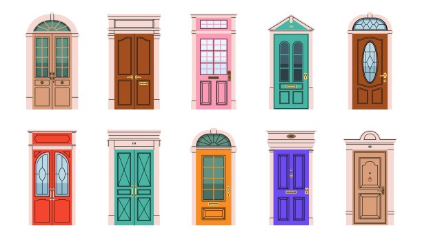 的前门。住宅入口外大门，色彩建筑元素，建筑各种出口，不同设计的门，明亮的色彩矢量卡通平面风格孤立集图片下载