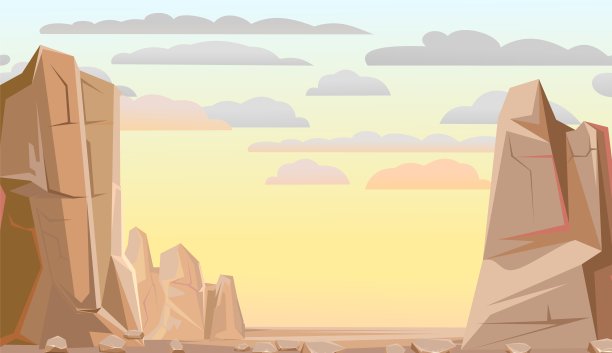 山峡谷。框架组成。日出石岩嶙峋的景观。高耸的山峰和悬崖。天空的云。说明向量图片下载