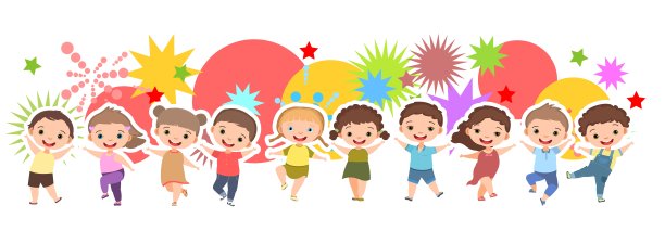 儿童舞蹈的快乐。快乐的童年。小男孩和女孩。水平的。孩子在聚会上高兴得跳了起来。可爱的孩子。卡通风格。孤立在白色背景上。向量图片下载