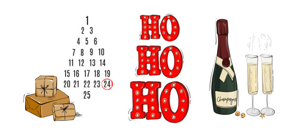 广告日历节日季节设计，嗬嗬嗬文本，香槟瓶与眼镜圣诞节季节艺术在向量图片下载