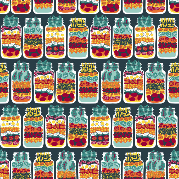 沙拉在罐中无缝花纹，色彩鲜艳的深色图片下载