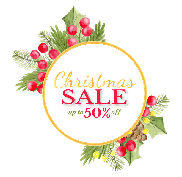圣诞节销售横幅与手绘花卉水彩作为背景。图片下载