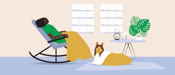 非洲人休息，宠物狗，平面矢量股票插图家舒适和雪窗外和黑人妇女与狗在家里图片下载